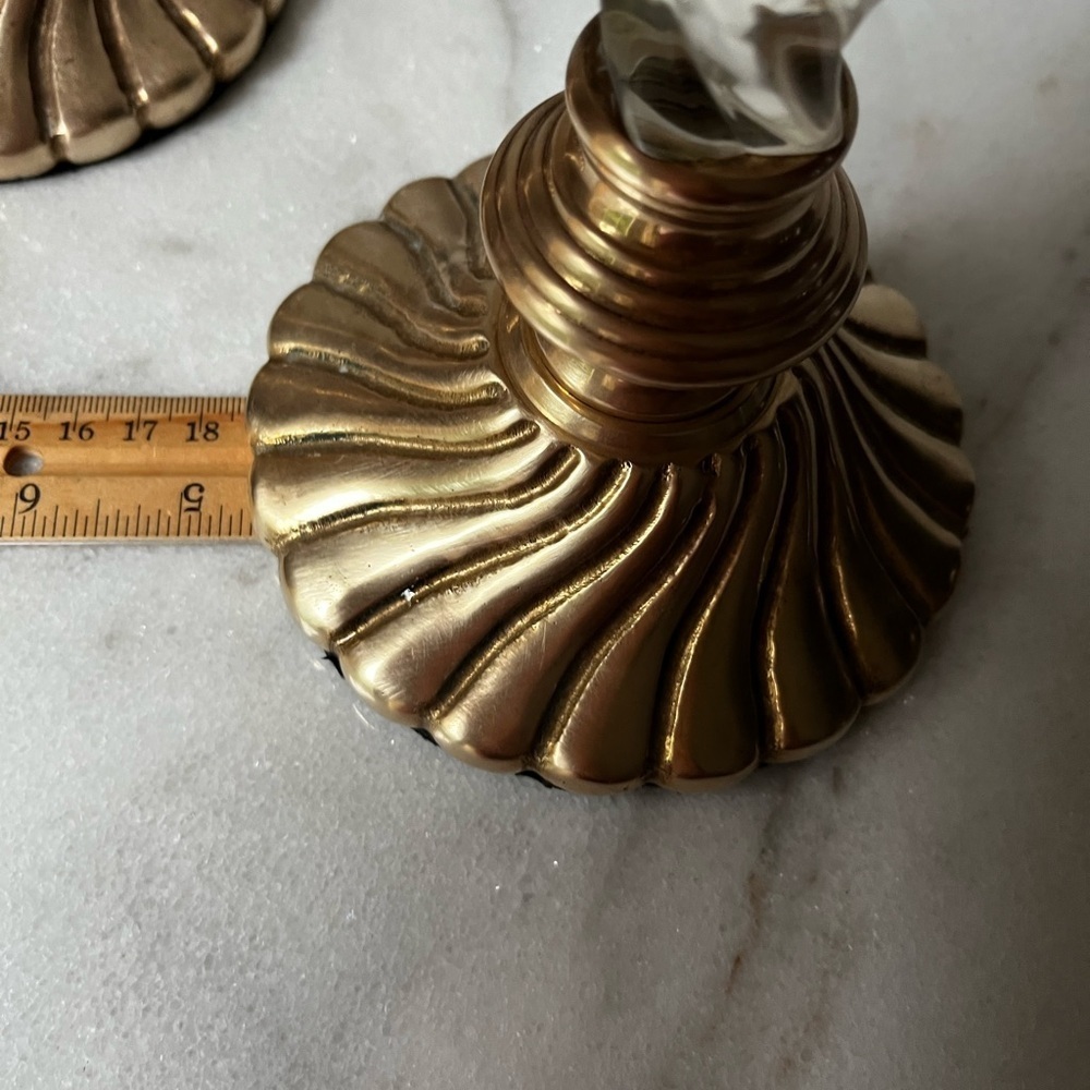 Elegant Gold brass and Clear lucid Candlestick Holders 10.5” set of 2 - Picture 4 of 10